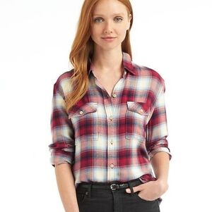 Gap+Pendleton Flannel Shirt Red Blue Plaid Boyfriend Fit Wool Blend Size Small